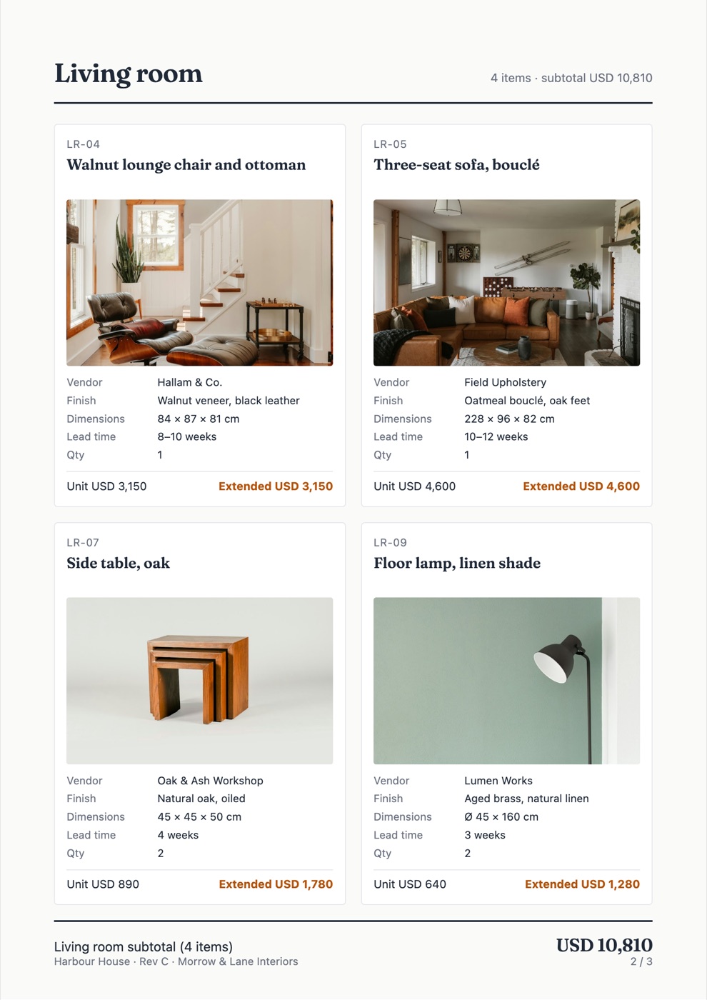 A page from a sample spec book: four item cards with photos, fields and extended prices, and the room subtotal